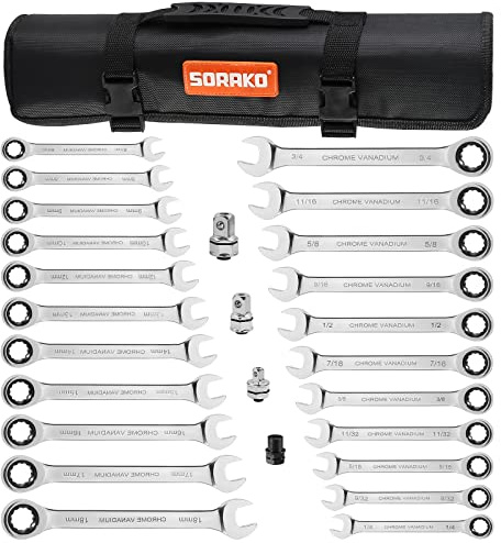 SORAKO Ratschen-Ringmaulschlüssel-Set, 26-teilig, SAE, metrisches Ratschenschlüssel-Set mit Bit- und Stecknuss-Adapter, 1/4 Zoll,3/4 Zoll, Chrom-Vanadium-Stahl, Schraubenschlüssel-Set mit Tragetasche
