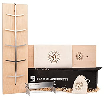 FINNWERK Flammlachsbrett Geschenkset - Lachsbretter mit Halterung aus Edelstahl und patentiertem Winkelsystem - Räucherbrett aus massiver Birke - Perfektes Outdoor Geschenk mit Echtholz-Geschenkbox