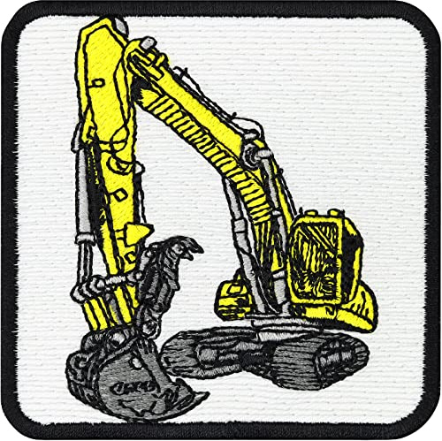 Bagger Aufnäher/Aufbügler gestickt |Baggerfahrer Patch Einstand Baustelle | Kinderspielzeug Jeans Flicken für alle Stoffe | Accessoires Rucksack zum annähen/aufbügeln | 75x75mm