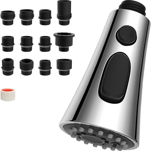 Hibbent Pull Down Kitchen Faucet Spray Head Replacement, 3-Function Kitchen Sink Spray Nozzle with 9 Adapters Compatible with Most Faucets(G1/2), Chrome