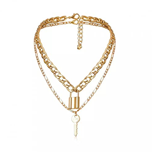 Collana Donna Collana Girocollo con Lucchetto Multistrato Vintage Collana con Ciondolo con Chiave a Chiave Color Oro per Donna