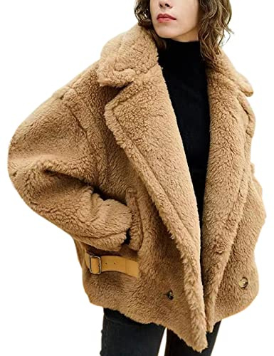 FLAVOR Woll-Teddymantel für Damen Übergroße Motorrad-Lammfelljacke mit Fell Fuzzy (Medium, Kamel)