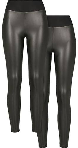 Urban Classics Damen Leggings Ladies Faux Leather High Waist Leggings 2-Pack Black+Black L