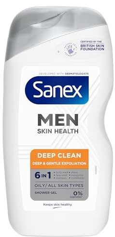 Sanex Men Skin Health Deep Clean Shower Gel 400ml x 6 - oily skin men’s body wash - reduces oil - removes dirt - gently exfoliates - protects from pollution - 6-in-1 benefits - dermatologically tested