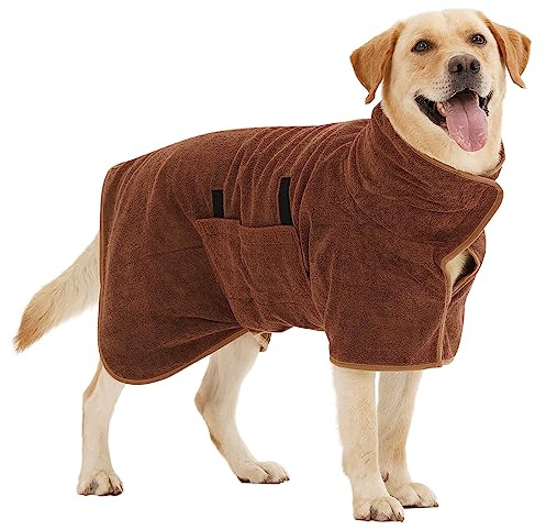HezzLuv Bademantel für Hunde, Hundebademantel aus Mikrofaser für mittlere und große Hunde, super saugfähiger Haustier Trockenmantel, ganzjahres schnell trocknendes Hundehandtuch (Braun,L)