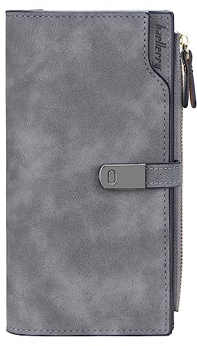 HMOOM Geldbörse Damen PU Leder Vintage Style – Langer Geldbeutel Damen mit RFID-Blockierung, 24 Kartenfächern & Organizer Fach | Hochwertiges PU Portemonnaie Frauen (Dunkelgrau-L)