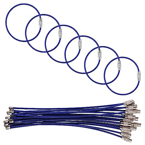 Lot de 20 câbles porte-clés en acier inoxydable–15 cm, fermeture à vis, pour clés, bagages, badges, DIY et étiquettes(bleu foncé)