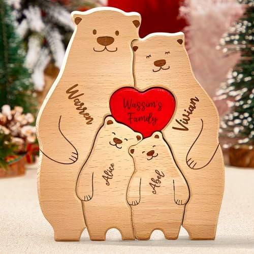 VEELU Personalisiertes Holzkunstpuzzle der Bärenfamilie mit 2-8 Namen | Familien Geschenke für Mama, Oma, Papa, Mutter zum Muttertag & Vatertag | Holz Bär Desktop Ornament Home Tischdekoration