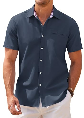 COOFANDY Herrskjortor kortärmad Oxford-skjortor vardaglig sommarskjorta affärer Chambray skjorta lätt rutig krage skjorta bomullsskjorta, marinblå, L