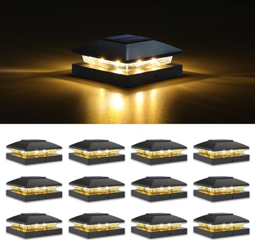 VOLISUN 4x4 Solar Post Cap Light 12pack,Solar Fence - Post Lights Outdoor Waterproof for Wooden/Vinyl Post,Black Deck Post Cap Light Solar Powered with Warm White for Garden/Patio/Porch