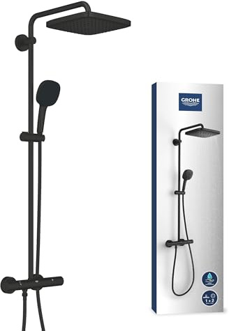 Grohe Vitalio Comfort 250 Shower Column with Thermostatic Mixer, Square Shower Head 25 cm 1 Jet, 11 cm Square Shower Head 2 Jets, Flexible 1.75 m, Water Saving, Matte Black, 266972431