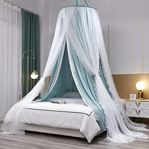 HUOQOU Baldacchino a Cupola Tonda a Doppio Strato per Principessa Tenda da Letto per Ragazze e Zanzariera da Sogno Decorazione Carina per Camera da Letto Castello da Gioco Angolo Lettura(Verde/Bianco)
