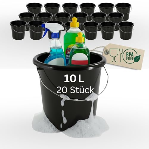 Novaliv 20 Stück Eimer 10L Schwarz mit Maßeinteilung - Putzeimer 10 Liter ? 28,5 cm Praktischer Allrounder mit Skala für Haushalt & Garten ideal als Haushaltseimer, Wassereimer, Wischeimer, Bucket