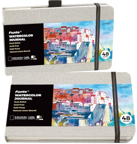 Funto Watercolor Journal, 8,5x5,5, 2-pack, 48 sidor vardera, kallpressad, inre pappersficka och resårband, konsttillbehör för blandade media