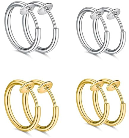 4 Paia Orecchini Finti Senza Buco in Acciaio Inossidabile, Orecchini Finti a Cerchio per Uomo e Donna, Non Forati Orecchini Clip per Naso Labbro Orecchio, Orecchini a Clip a Cerchio (8MM e 10MM)