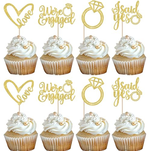 Xsstarmi 24 Pack We're Engaged Cupcake Toppers Diamond Ring Glitter Sweet Heart Love She Said Yes Cupcake Picks for Wedding Engagement Bridal Shower Theme Party Cake Decorations Supplies Gold