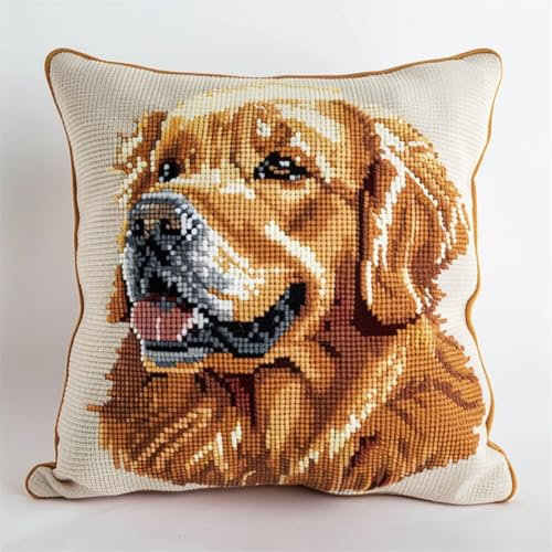 ORLUMY Diy Knüpfkissen Set Golden Retriever Tier Knüpfpackungen Cartoon Hund Kissenbezug Stickteppich Set Handarbeit Häkelkissen Stickset 43x43cm