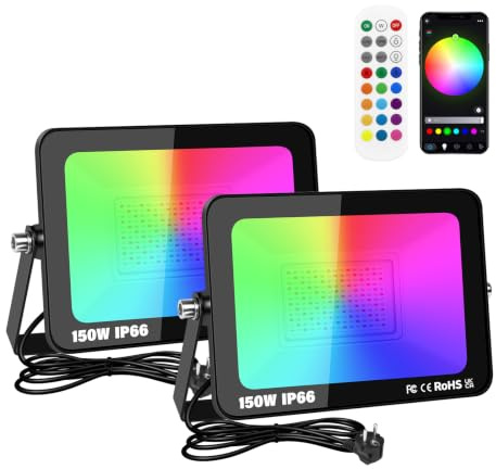 Willpower 2X RGB LED Strahler APP 150W Fluter Dimmbar Mit IR Steuerung | RGBW Flutlicht 15000LM, 16 Farbwechsel 4 Modi, Mit Stecker, Smart Timer, IP66 für Außen Innen Garten Party Deko Baum