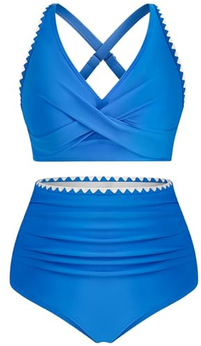 FemiChic Women Swimwear 2 Piece Bikini Sets Tankini for UK High Waisted Bikini Bottoms Tummy Control Modest Swimwear Ladies Swimming Costumes (Blue,M)