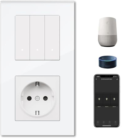 BSEEDLIFE WIFI Interruptor Inteligente Pared con Enchufe,3 Gang 1 Vía 157 * 86mm,Enchufe con Interruptor WIFI Commutador de luz Compatible con Alexa y Google Home(Aplicación Tuya/Smart Life),Blanco