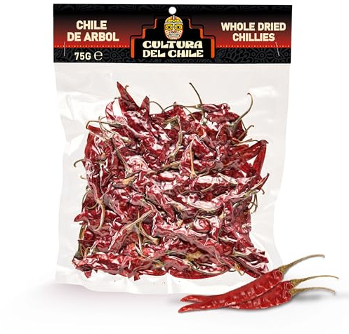 Chiles de árbol secos enteros 75 g - Totalmente naturales, de alto picor, sabor intenso y ahumado para un auténtico sabor mexicano. Ideales para tacos de birria, sopas, salsas y enchiladas.