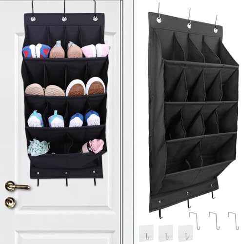 Rhyhome Schuhorganizer Hängend, Schuhaufbewahrung Tür mit 14 tiefen Taschen, Schuhregal Tür Hängend mit 3 Metallhaken und 3 Haken Selbstklebend für Schuhe, Wohnaccessoires (Schwarz 14 Raster)