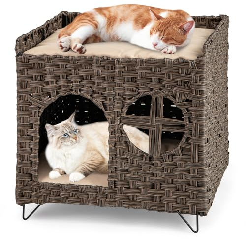 COSTWAY Katzenhaus aus PE-Rattan, Klappbar, 2 Etagen Katzenbett mit großer Sitzstange, abnehmbaren Kissen, Metallbeinen & Fenster, Indoor Katzenmöbel für Katzen, 50,5 x 45 x 50 cm