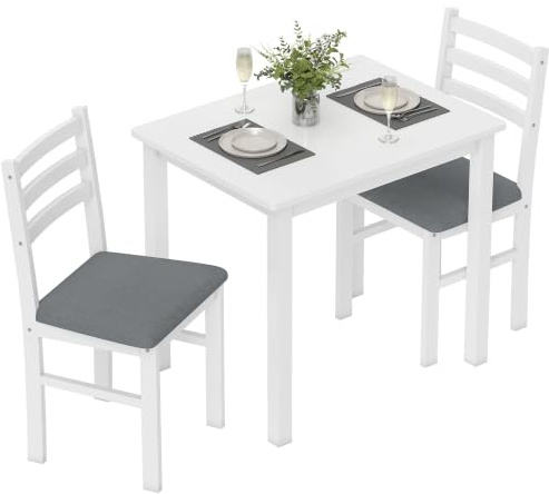HOMCOM Essgruppe Holz Platzsparend mit 2 Stühlen 80 x 60 cm, Weiß | Esstisch, Esszimmergruppe, Sitzgruppe, Rechteckig, Küchentisch, Gepolsterte Essstühle, Für Kleine Raum, Esszimmer