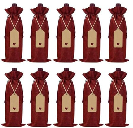 YGLONG Flaschentüten 10 Stück Sackleinen-Weinbeutel, Jute-Weinflaschenbeutel mit Kordelzug, Wiederverwendbare Wein-Geschenkbeutel mit Anhängern for Party-Blindverkostungen(Burgundy)