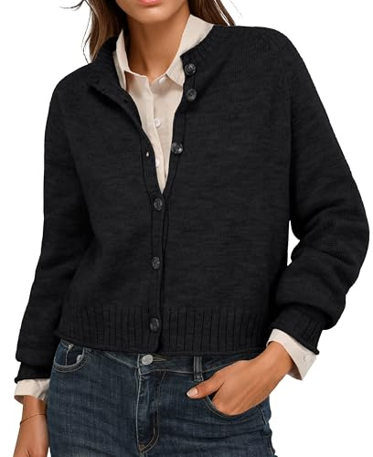 GRECERELLE, Cardigan da donna UK, manica lunga, girocollo, corto, aperto davanti, maglione lavorato a maglia, autunnale chiusura con bottoni, Nero , L