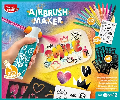 Maped Creativ Airbrush Maker - Bomboletta aerografo per bambini per creare effetti incredibili - Attività Graffiti - Trasforma i tuoi feltri in spray elettronico - Kit per il tempo libero creativo
