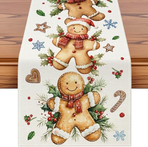JOTOM Weihnachten Tischläufer, Tischband Küche Esstisch Dekoration für Party Wohnzimmer Esszimmer Garten, Innen & Außen Weihnachtstischdecke Weihnachtsdeko (40x180cm, Ingwerkuchenmann)