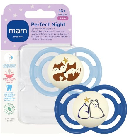MAM Perfect Night Schnuller, 16+ Monate, Füchse/Bären, 2 Stück | Beugt Zahnfehlstellungen vor, leuchtender Knopf, SkinSoft Silikon, inkl. Sterilisierbox