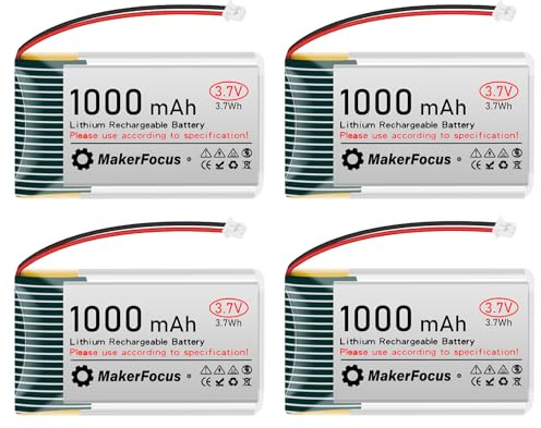 YELUFT Lot de 4 batteries rechargeables au lithium polymère 3,7 V 1000 mAh 1S 1C avec plaque de protection et prise JST 1,25 pour carte de développement ESP32, Mesh Node T114, appareils électroniques
