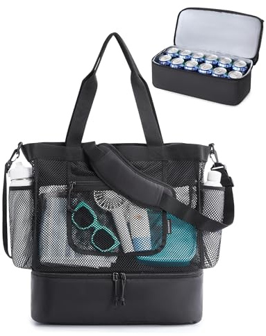 bagsmart Shopper Tasche Damen Strandtasche Groß, Netz Handtasche Beach Bag mit Kühlfach, Wasserdichter Urlaubstasche Badetasche mit Reißverschluss für Schwimmbad Kreuzfahrt Shopping