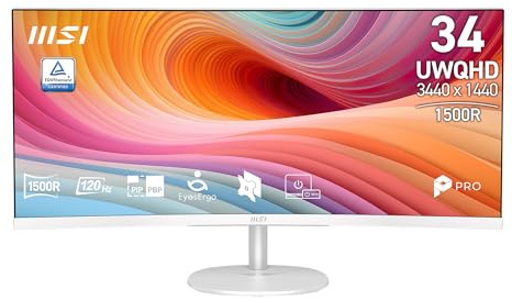 msi PRO MP341CQW E12 Monitor 34” UWQHD (3440×1440) Curvo 1500R, VA, 120Hz, 1ms, HDR Ready, Adaptive-Sync, Eye Care, Speaker Integrati, HDMI 2.0b, DP 1.4a, Frameless, Regolabile VESora inzio