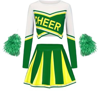 UBOHUZ Mädchen Cheerleading Kinder Langarm Rock Set Niedliche Sport Pom-Poms Performance Party Kleidung für Erwachsene(Green,140)