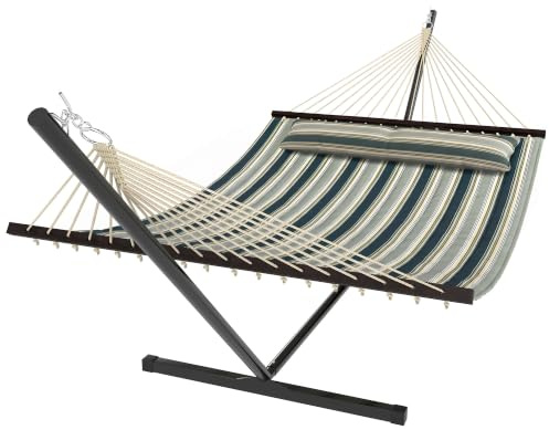 Outsunny Hamac sur Pied 353 cm avec Support Acier Coussin Amovible Vert | Barres d'Écartement, pour Intérieur et Extérieur, Lit de Sieste Rayé