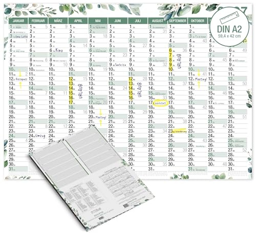 TOBJA® DIN A2 Wandkalender 2027 Eukalyptus Querformat – Jahresplaner mit Schulferien, KW, große Felder, Feiertage – Rückseite Jahresplanung | Wandplaner A2 Botanical