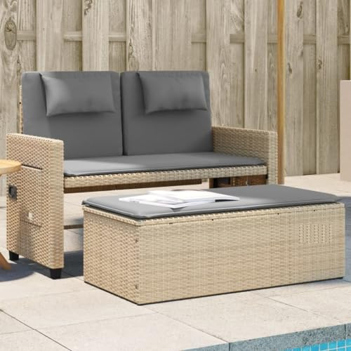 Versear Gartensofa 2 Sitzer mit Verstellbarer Rückenlehne Gartensofa mit Schlaffunktion Balkon Lounge Klein Rattan Sofa Lounge Möbel für Balkon und Terrasse mit Hocker und Kissen-Beige und Grau-