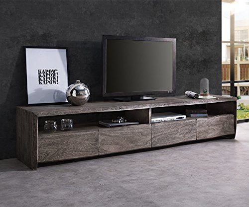 DELIFE Fernsehtisch Live-Edge Akazie Platin 230 cm 4 Schubkästen Baumkante Lowboard