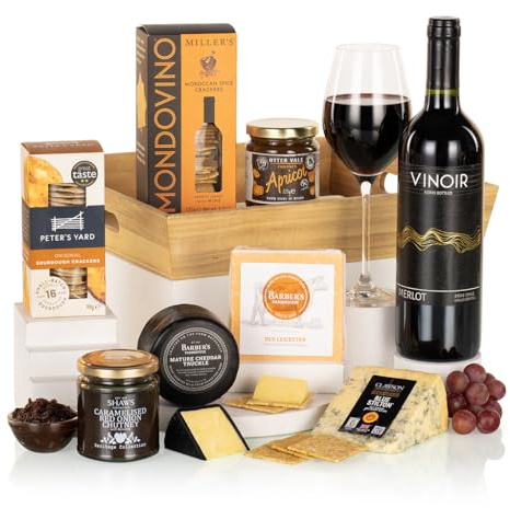 Virginia Hayward Hamper, Cheese and Wine Tray - Hampers & Gourmet Gifts, Indulge in Stilton, Red Leicester, Mature Cheddar, Chutney, Crackers and Red Wine, Cheese Hamper Gifts for Women and Men