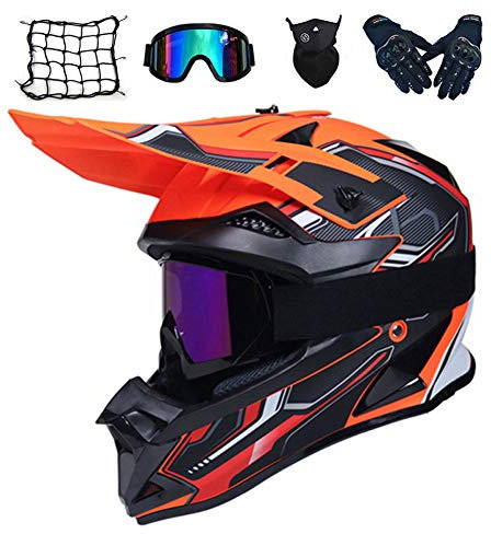 MRDEAR Casco Motocross con Occhiali/ Guanti/ Mascherina/ Rete Ragno Elastica, Adulto Donna Uomo Casco Integrale MTB Enduro Motard Downhill Casco da Cross, 4 Stili,Arancia,S
