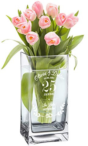 Casa Vivente Blumenvase mit Gravur zur Silberhochzeit, Vase mit Ring-Motiv, Personalisiert mit Namen und Datum, Geschenk zum 25. Hochzeitstag