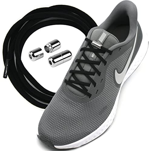 Run out sports Elastische Schnürsenkel ohne binden mit Metallkapseln rund Schuhbänder mit Schnellverschluss bunt Kinder Erwachsene (Coal Black)