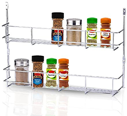 Spice Rack Organiser Wall Mounted Chrome Plated Shelf Storage for Kitchen Cupboard - Door Hanging Metal Rack for Spices and Herb (2 Tier)