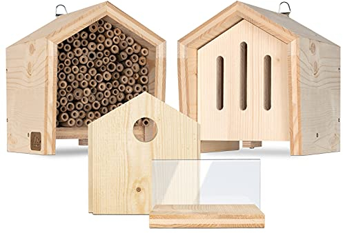 Gardigo Tierhaus System: Bienenhotel mit 2 zusätzlichen Wechselblenden | Schmetterlingshaus, Nistkasten für Meisen, Eichhörnchenfutterhaus | Made in Germany