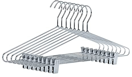 Quality Metal Pant/Skirt Blouse Hanger 10-Pack, Heavy-Duty Skirt Hangers with Clips, Adjustable Clip Pants Hanger, Chrome (Chrome, 10)