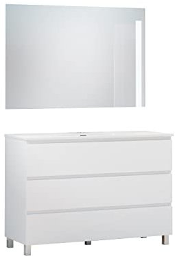 Baikal Conjunto de Mueble de Baño Neo con Espejo Luna Lisa, Tres Cajones o Dos Puertas, Mueble con Patas. Varios Acabados y Medidas. Melamina 16mm. Mueble MONTADO. 3c 120 Blanco