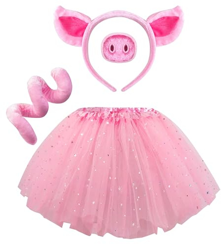 Spooktacular Creations Pink Pig Kostüm Set mit Schweineohren, Nasenschwanz, Fliege, Tutu-Rock, Halloween-Tier-Kostümzubehör für Kinder